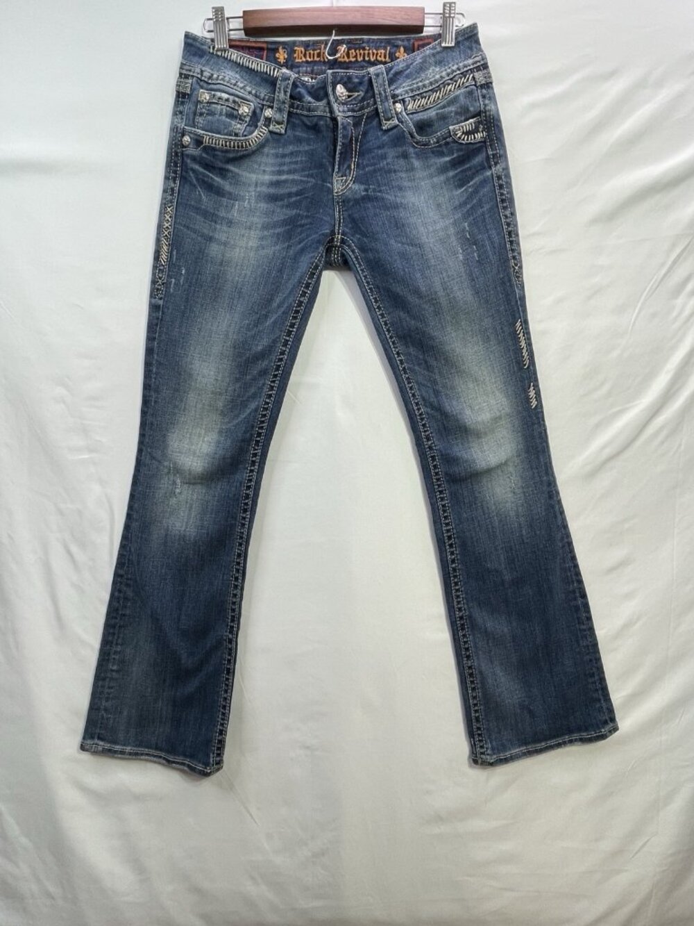 Rock Revival Jeans Womens 29 Straight Boot Western Thick Stitch Faded Dark Denim